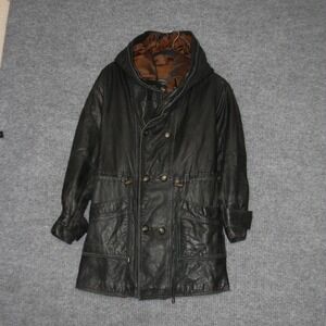 Vintage Tannery West Leather Parka Jacket Womens XS Black Hooded Trench Coat